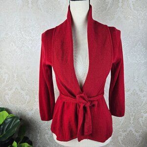BCBGMaxAzria Size Medium Red 100% Merino Wool Sweater Cardigan Waist Tie Belt